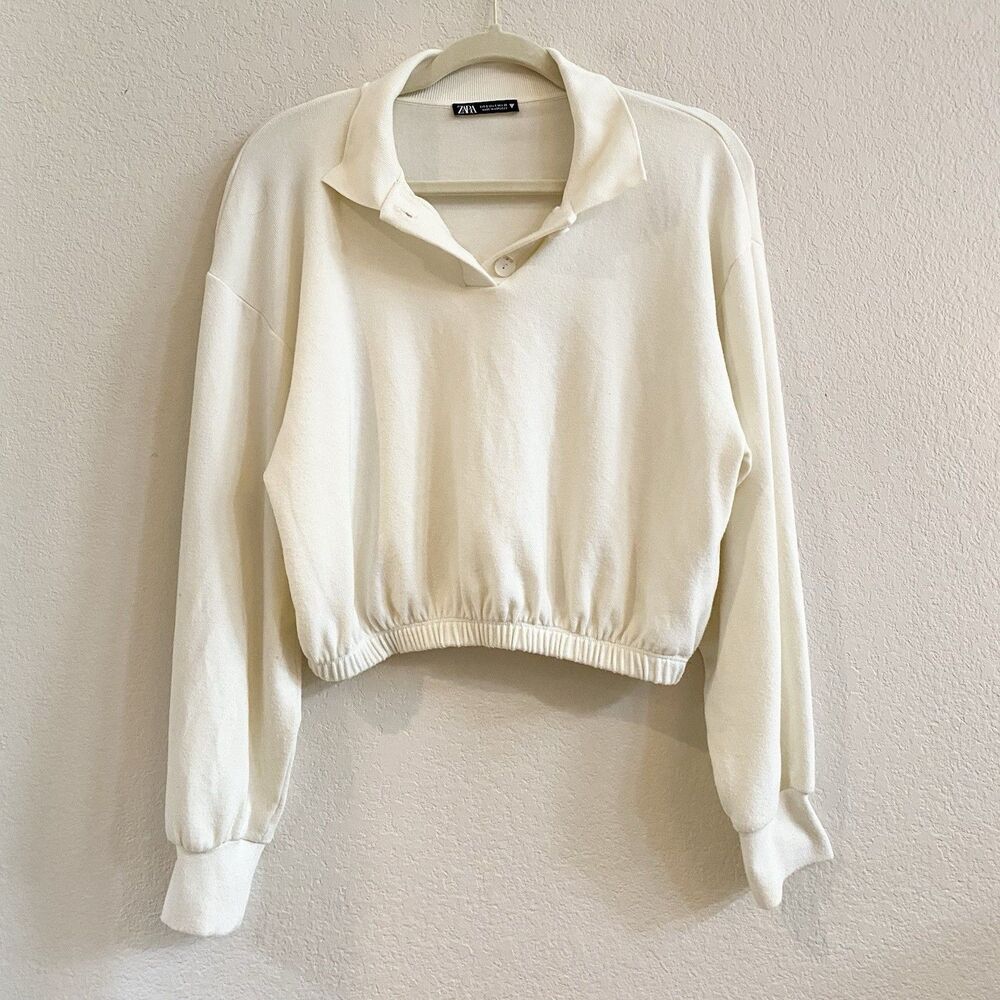Zara‎ Creamy Ivory Cropped Cotton Blend Longsleeve Sweater Size Small